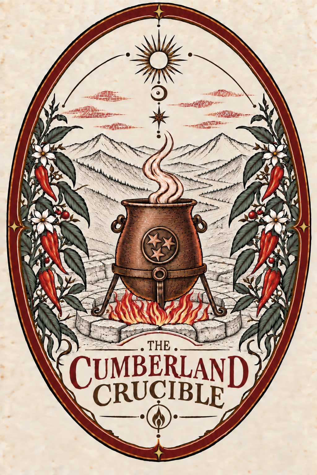The original Cumberland Crucible label, with pepper plants framing Appalachian mountains and a copper crucible.